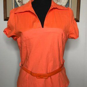 Fe U.S.A Women's Size XL Shortsleeve Blouse Orange Collared V-neck w/ Belt NWT
